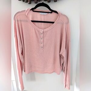 Calvin Klein Women's Pink Ribbed Henley Button-Up Long Sleeve Top - Size US M
